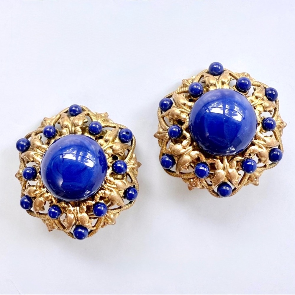 Vintage French Couture Blue Glass Cabochon Mid-Century Earrings Rousselet Attr.